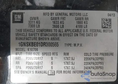 2013 Chevrolet Tahoe Lt из США, поврежденный, VIN 1GNSKBE01DR300565